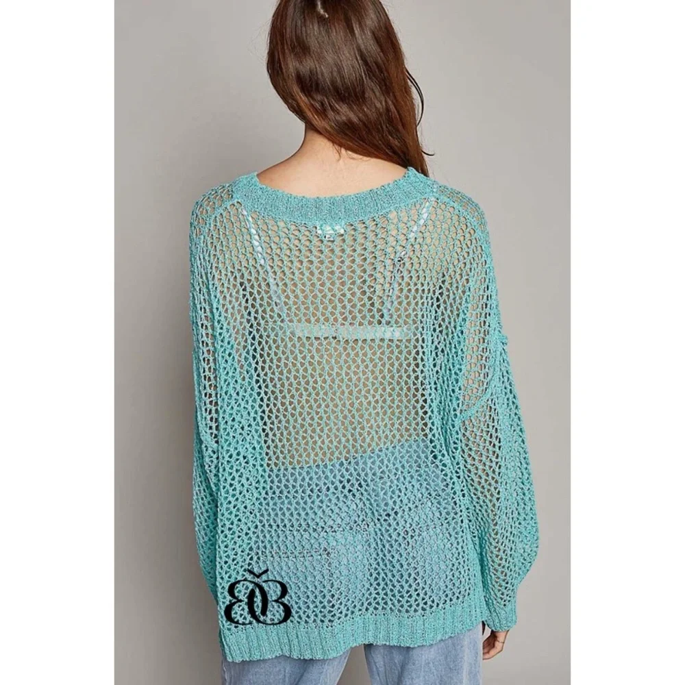 POL Blue Oversized Open Knit Sweater with Center Star Patch - Picture 6 of 11